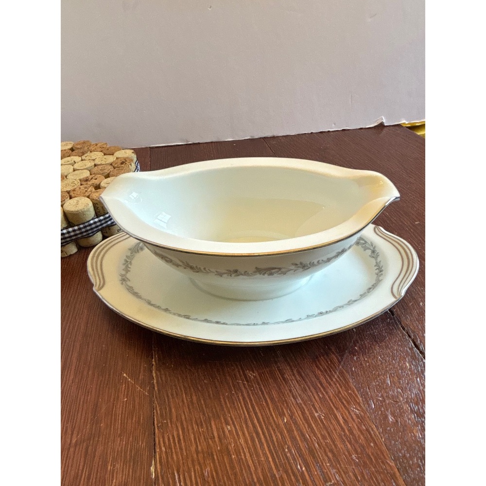 Noritake China Crestmont 6013 Gravy Boat Attached Underplate Gold Trim Japan